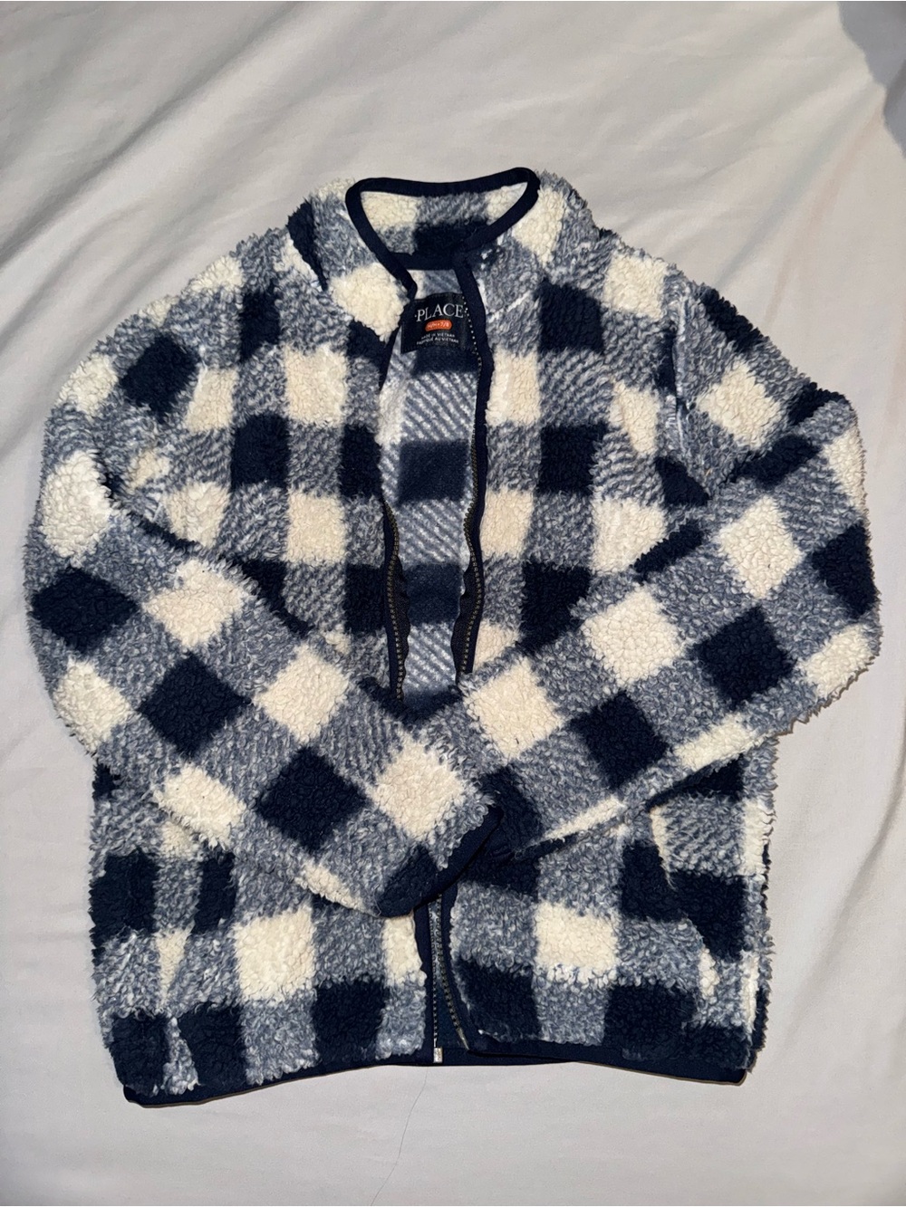 Place Men's Navy & Cream Check Sherpa Zip Jacket